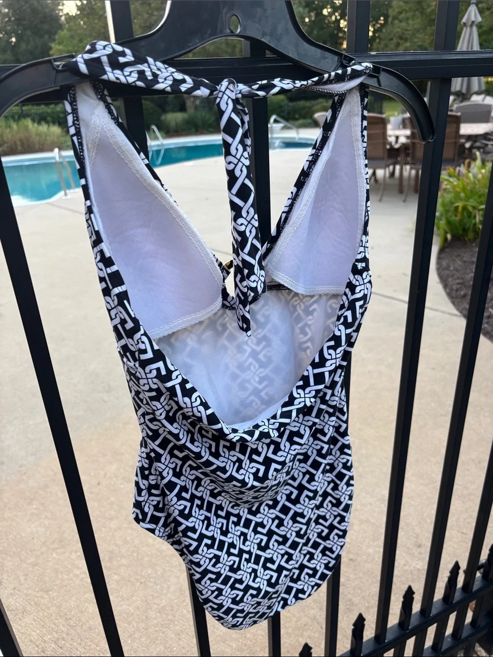 Chain  Black & White Chain-Print One-Piece Swimsuit Gold Ring at Bust